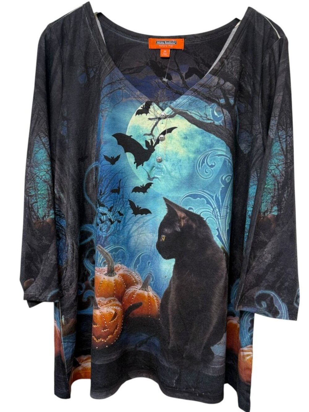 Halloween Top Plus Size 2X Black Cat Pumpkins and Bats  T-Shirt 3/4 Sleeve